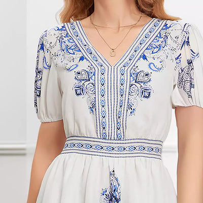 Women’s Mini Dress – Lightweight Cotton – Relaxed Fit – Printed – V-Neck – Short Sleeve
