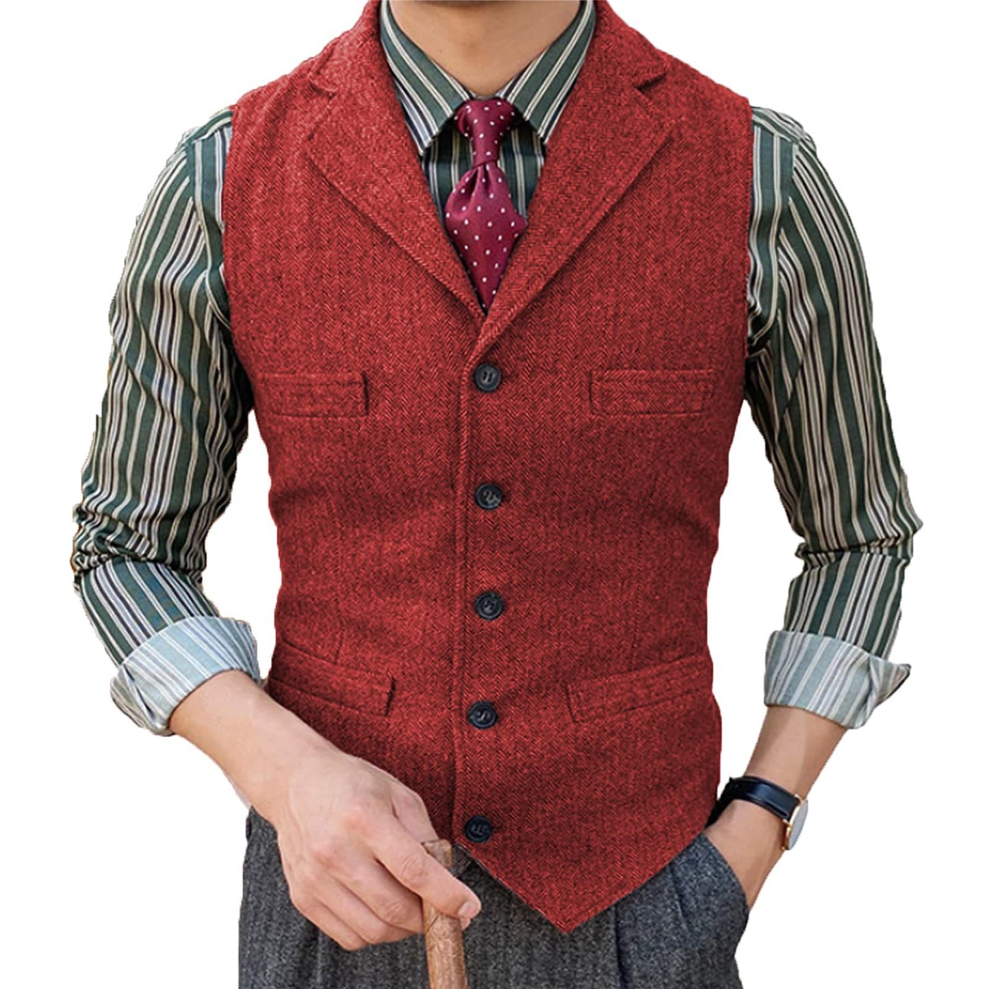 Men's lapel and herringbone pattern multi-pocket cardigan