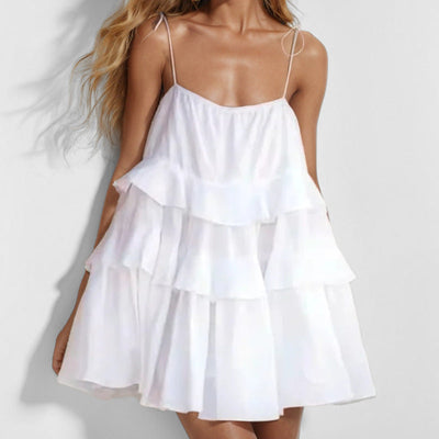 Women’s Mini Dress – Flowy A-Line Fit – Backless – Pleated Tiers – Spaghetti Straps