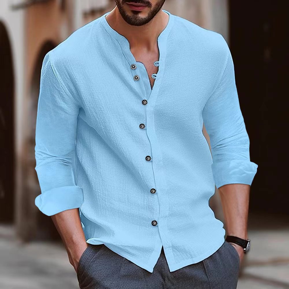 Men’s Long Sleeve Shirt – Cotton Linen Blend – Relaxed Fit – Band Collar – Button Up