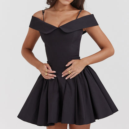 Women’s Off-Shoulder Midi Dress – Fitted Waist – A-Line – Spaghetti Straps – Elegant Fit