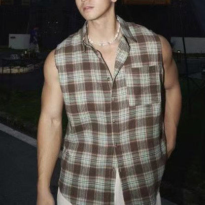 Men’s Sleeveless Shirt – Loose Fit – Button-Down Plaid – Lightweight Cotton Casual