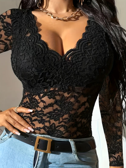 Women's Long Sleeve Lace Top - Scalloped V-Neck - Floral Sheer Pattern