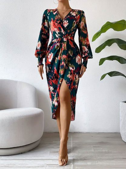 Women's Midi Dress – Long Sleeve Wrap Style – V-Neck – Abstract Floral Print