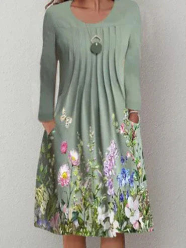 Women’s Casual Dress – A-Line Fit – Cotton Blend – Long Sleeve – Floral Print – Midi Length – Pockets