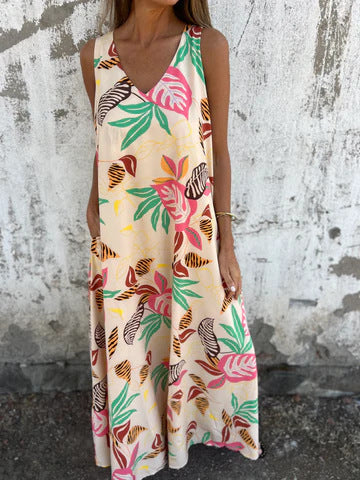 Women’s Maxi Dress – Tropical Print – Sleeveless A-Line – V-Neck Breathable Blend