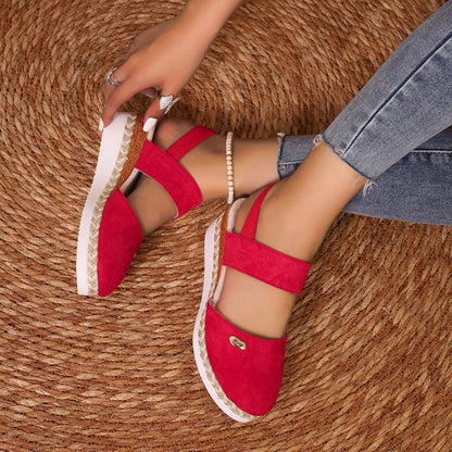 Women’s Wedge Sandals – Closed Toe – Suede-Like Upper – Jute Heel – Wide Straps