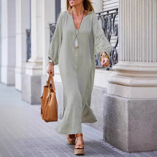 Women’s Maxi Dress – Relaxed Fit – V-Neck – Button Front – Long Sleeve – Breathable Blend