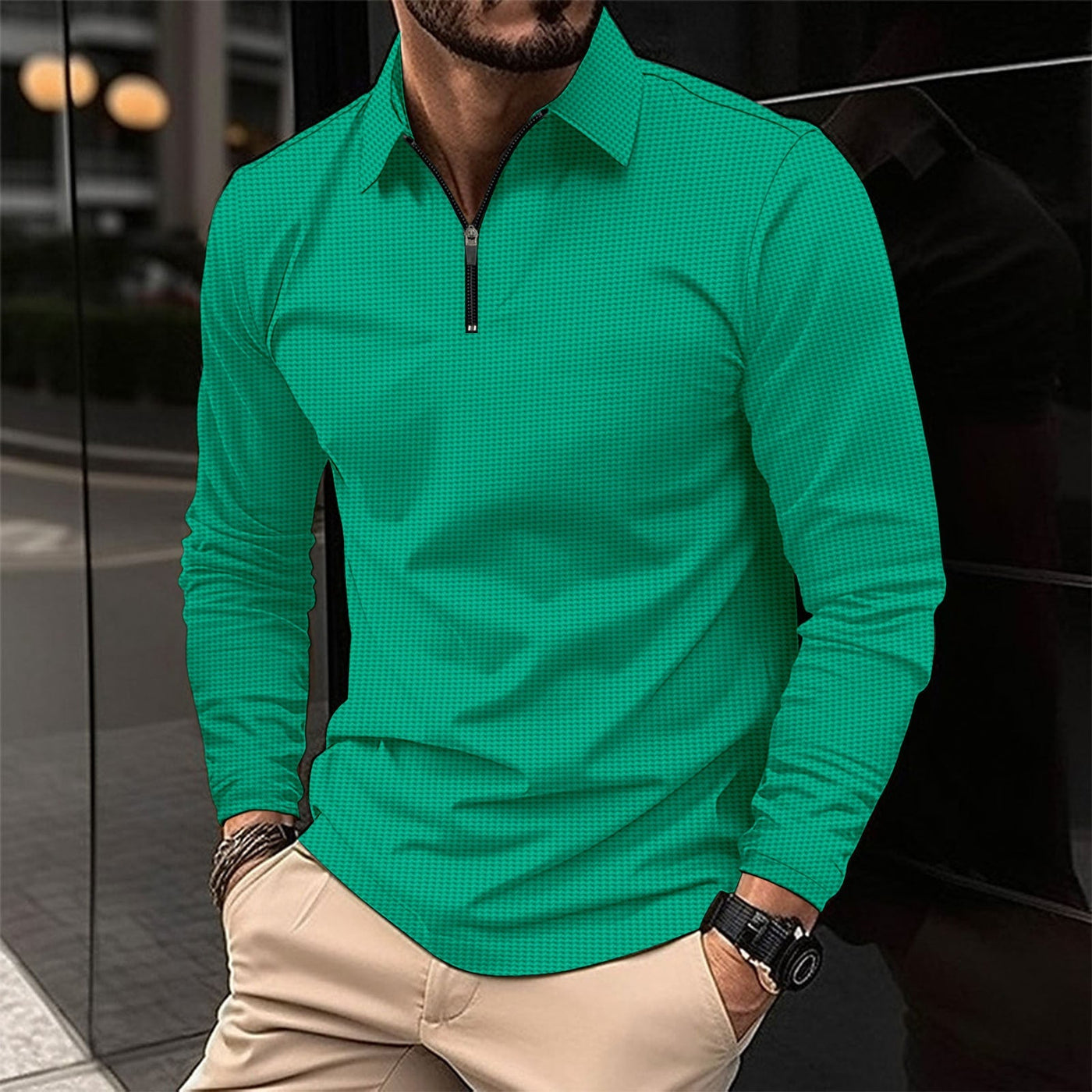 Men’s Long Sleeve Shirt – Slim Fit – Zip Collar – Stretch Fabric