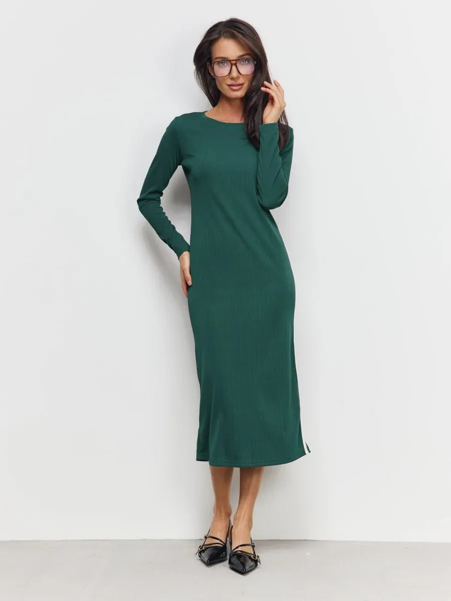 Women’s Maxi Dress – Slim Fit – Ribbed Knit – Long Sleeve – Side Slit – Full Length
