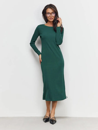 Women’s Maxi Dress – Slim Fit – Ribbed Knit – Long Sleeve – Side Slit – Full Length
