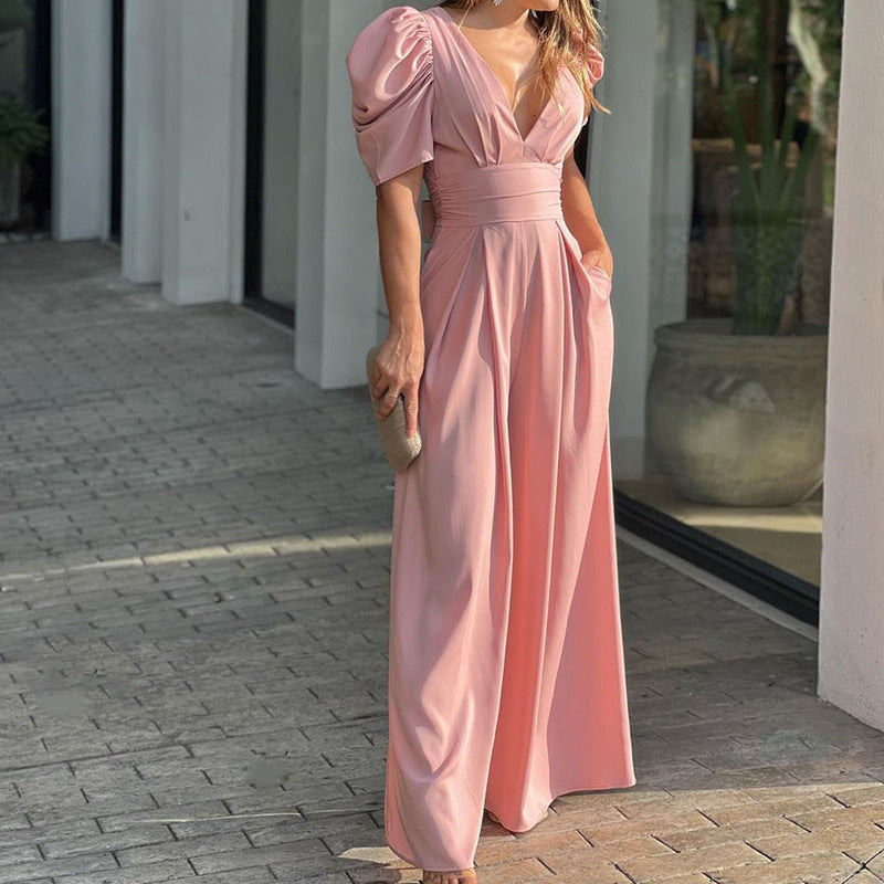 Women’s Jumpsuit – Wide Leg – Puff Sleeve – V-Neck – Cinched Waist – Full Length