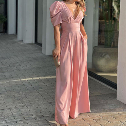 Women’s Jumpsuit – Wide Leg – Puff Sleeve – V-Neck – Cinched Waist – Full Length
