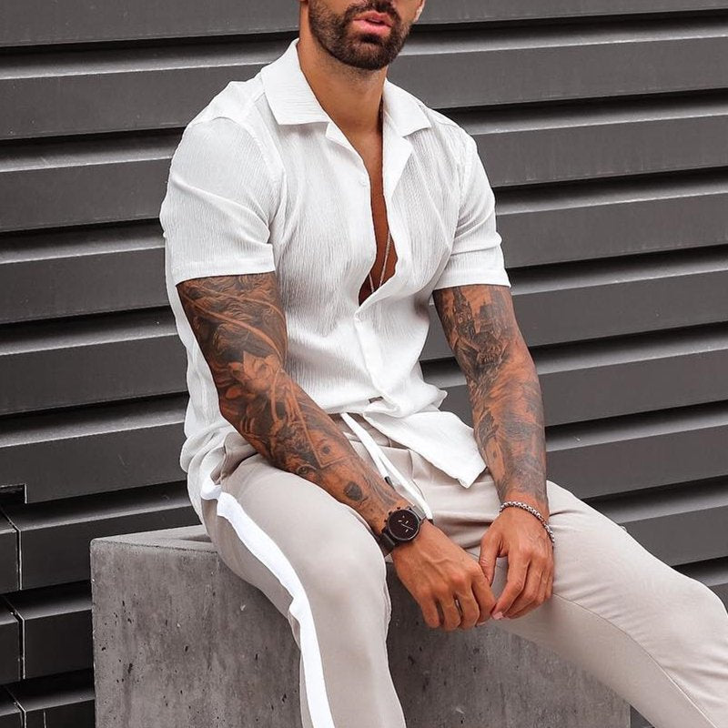 Men’s Short Sleeve Shirt – Cotton Linen Blend – Loose Fit – Button Down Casual Wear