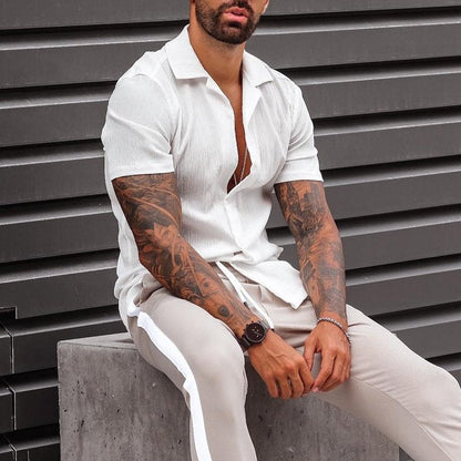 Men’s Short Sleeve Shirt – Cotton Linen Blend – Loose Fit – Button Down Casual Wear