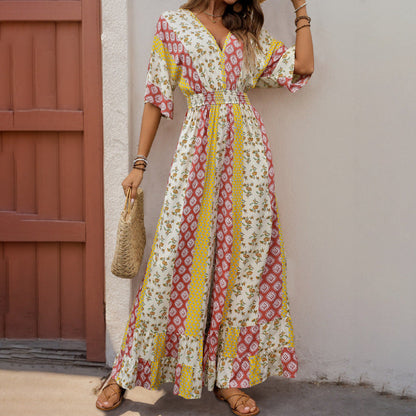 Women’s Jumpsuit – Bohemian Print – V-Neck – Elastic Waist – Wide Sleeve – Full Length