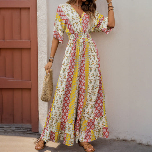 Women’s Jumpsuit – Bohemian Print – V-Neck – Elastic Waist – Wide Sleeve – Full Length