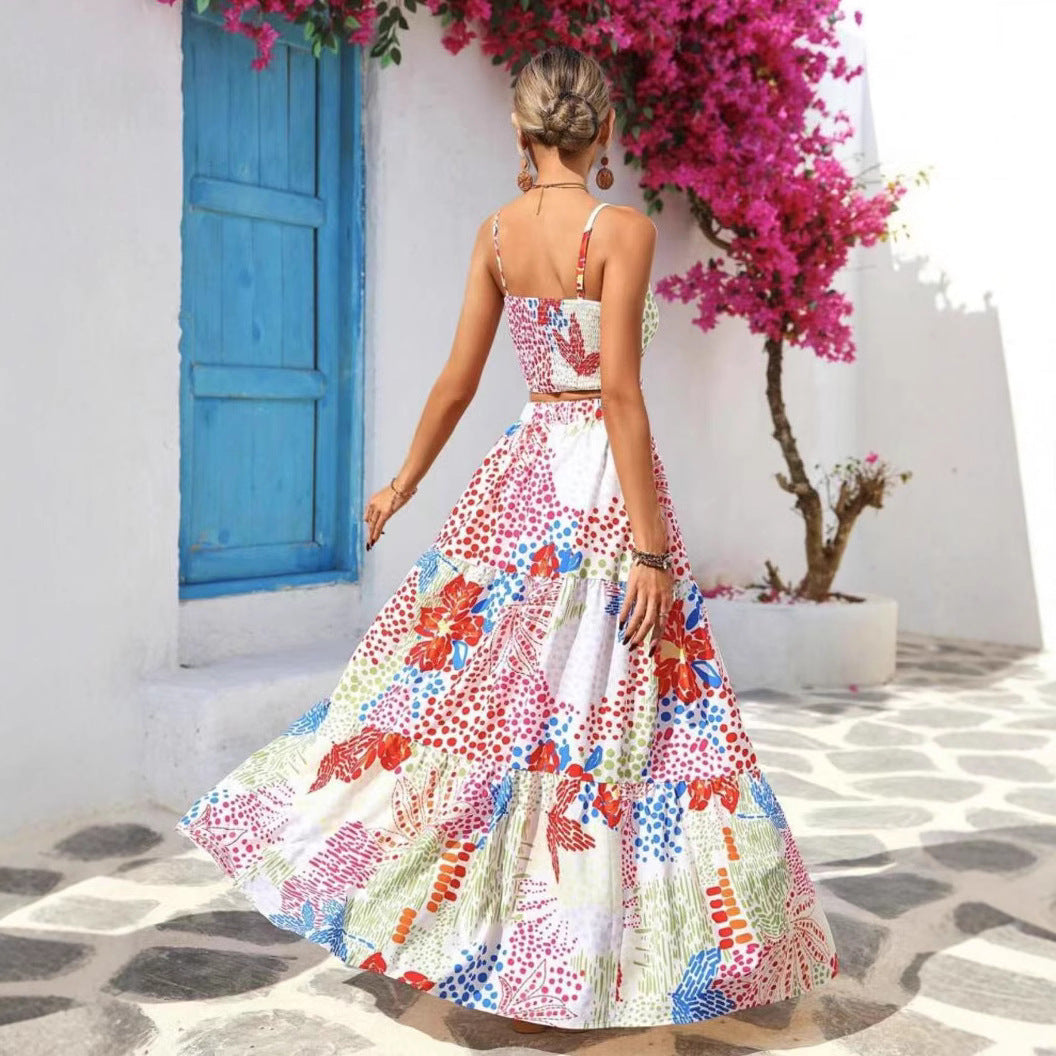 Women’s Two-Piece Set – Fitted Crop Top – Tiered A-Line Maxi Skirt – Breathable Fabric