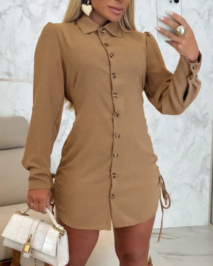 Women’s Mini Dress – Tailored Fit – Button Front – Drawstring Side – Long Sleeve