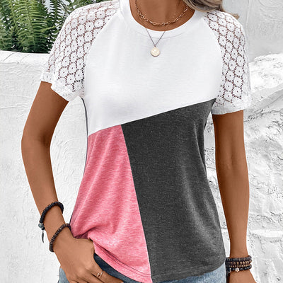 Women’s T-shirt – Relaxed Fit – Cotton Blend – Lace Sleeves – Geometric Front – Round Neck