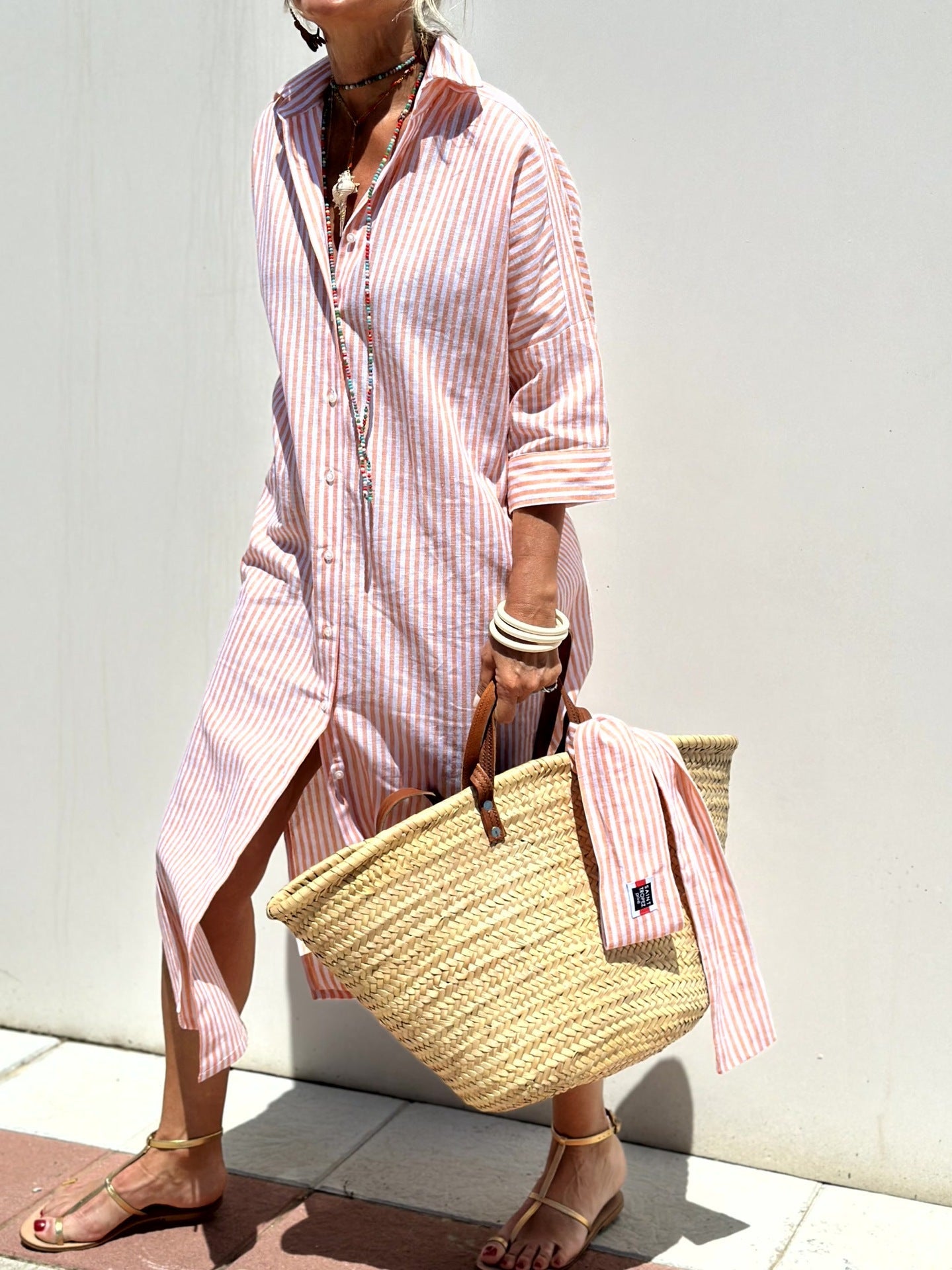 Women’s Shirt Dress – Relaxed Fit – Cotton Blend – Geometric Print – Button Down – Midi Length