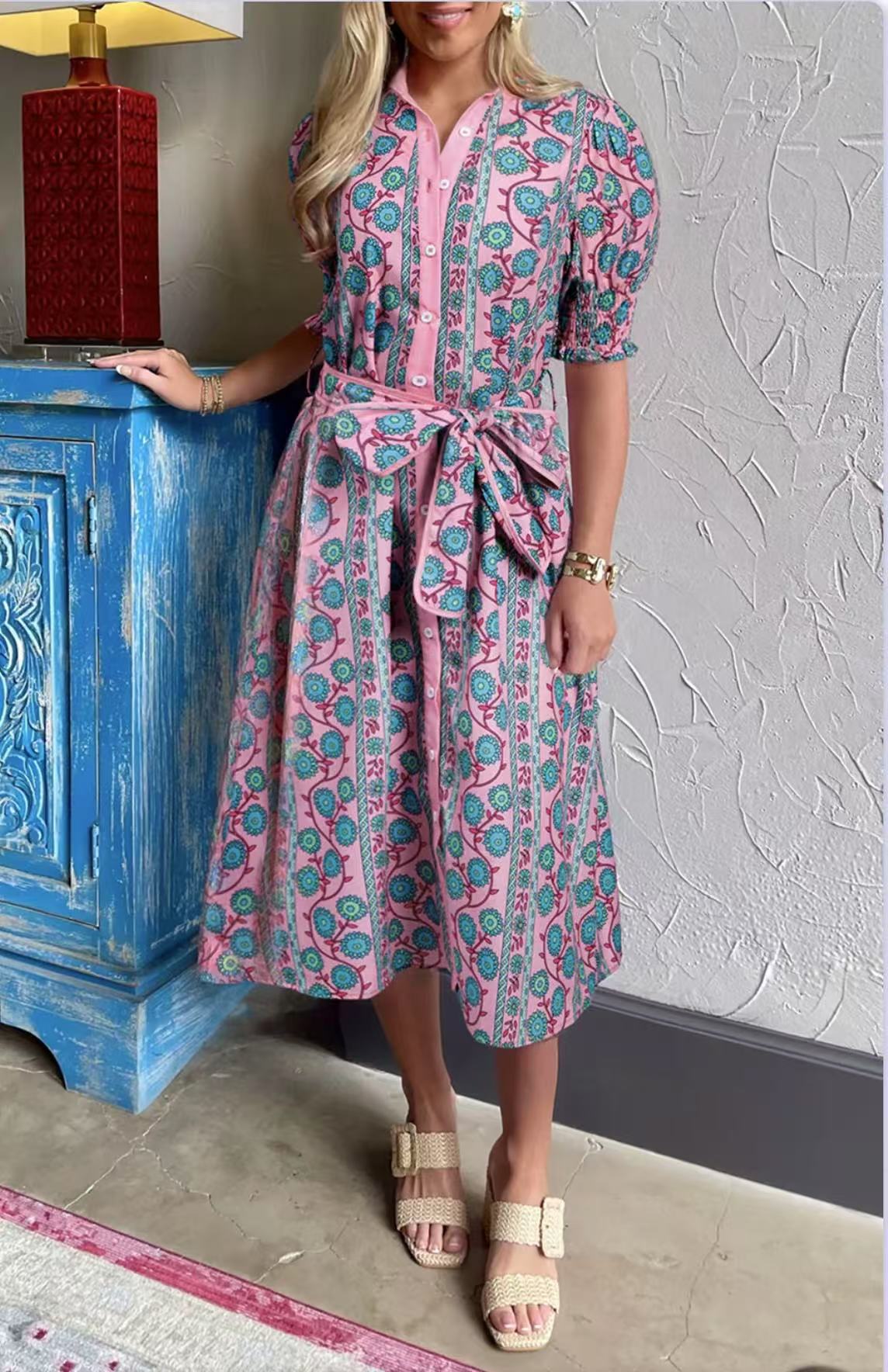 Women’s Midi Dress – Floral Print – Belted Waist – Puff Sleeve – Button Front