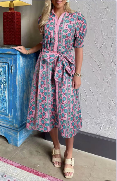 Women’s Midi Dress – Floral Print – Belted Waist – Puff Sleeve – Button Front