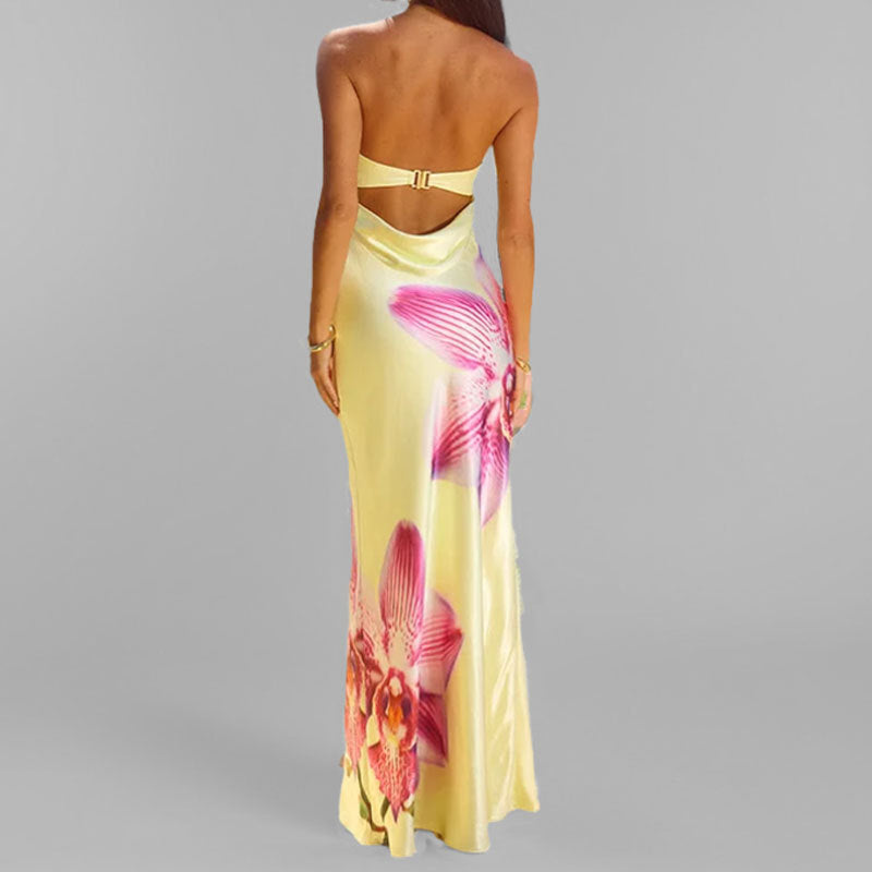 Women’s Maxi Dress – Strapless – Slim Fit – Floral Print – Lightweight Elegant Fabric