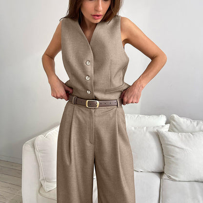 Women's Vest and Wide-Leg Pants Set - Button Detail