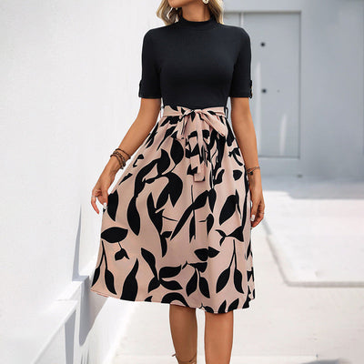 Women’s Midi Dress – Ribbed Fitted Top – Flared A-Line Skirt – Bow Waist – Short Sleeve