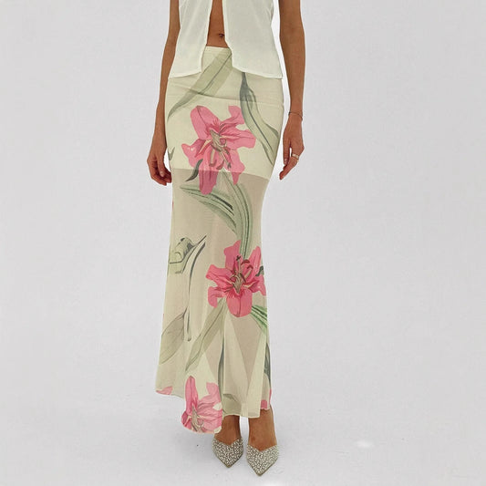 Women’s Long Skirt – Mermaid Fit – Mesh Fabric – Sheer Floral Print – Ankle Length
