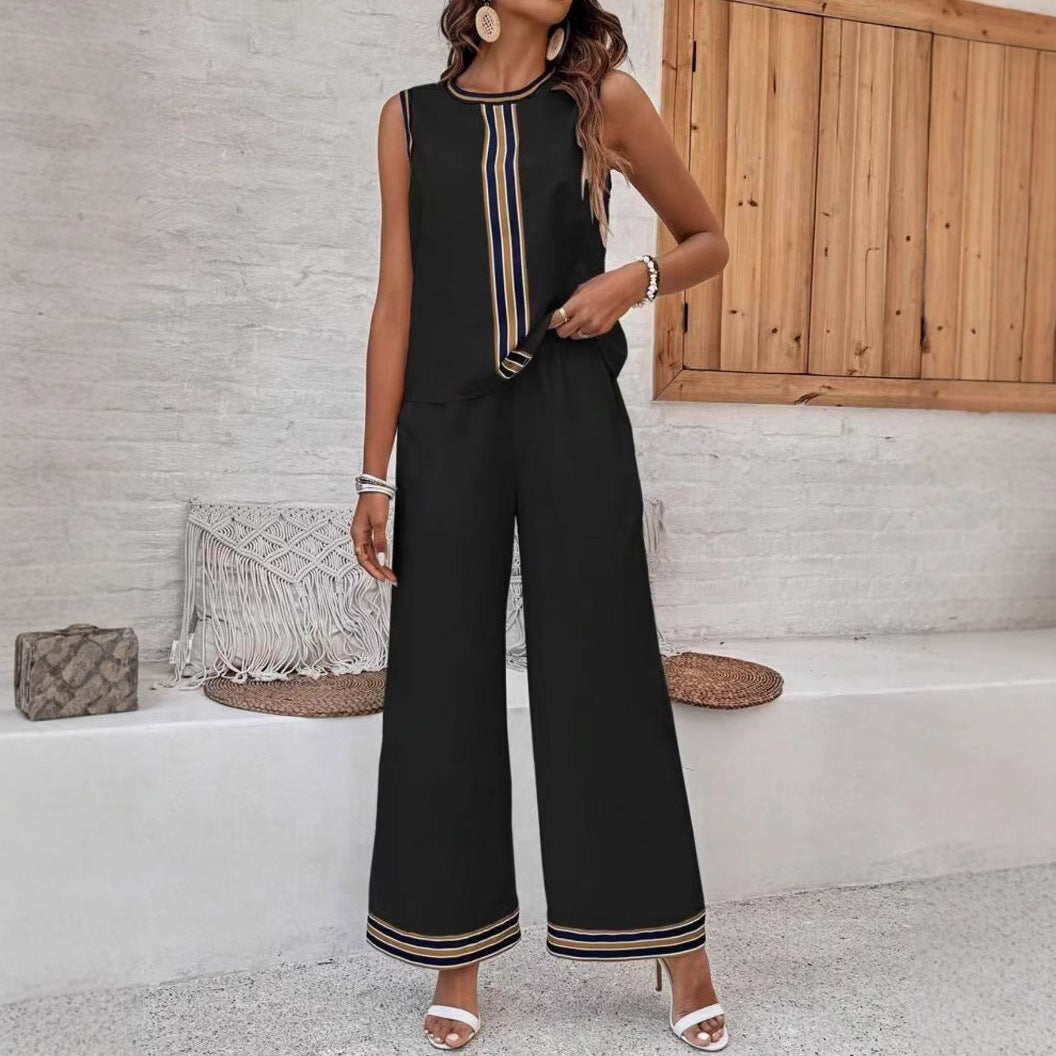 Women’s Two-Piece Set – Sleeveless Top and Wide-Leg Trousers – Relaxed Fit – Silky Feel
