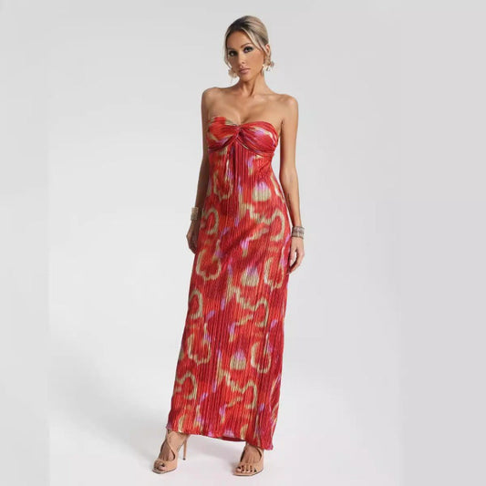Women’s Maxi Dress – Strapless Slim Fit – Pleated Texture – Abstract Print