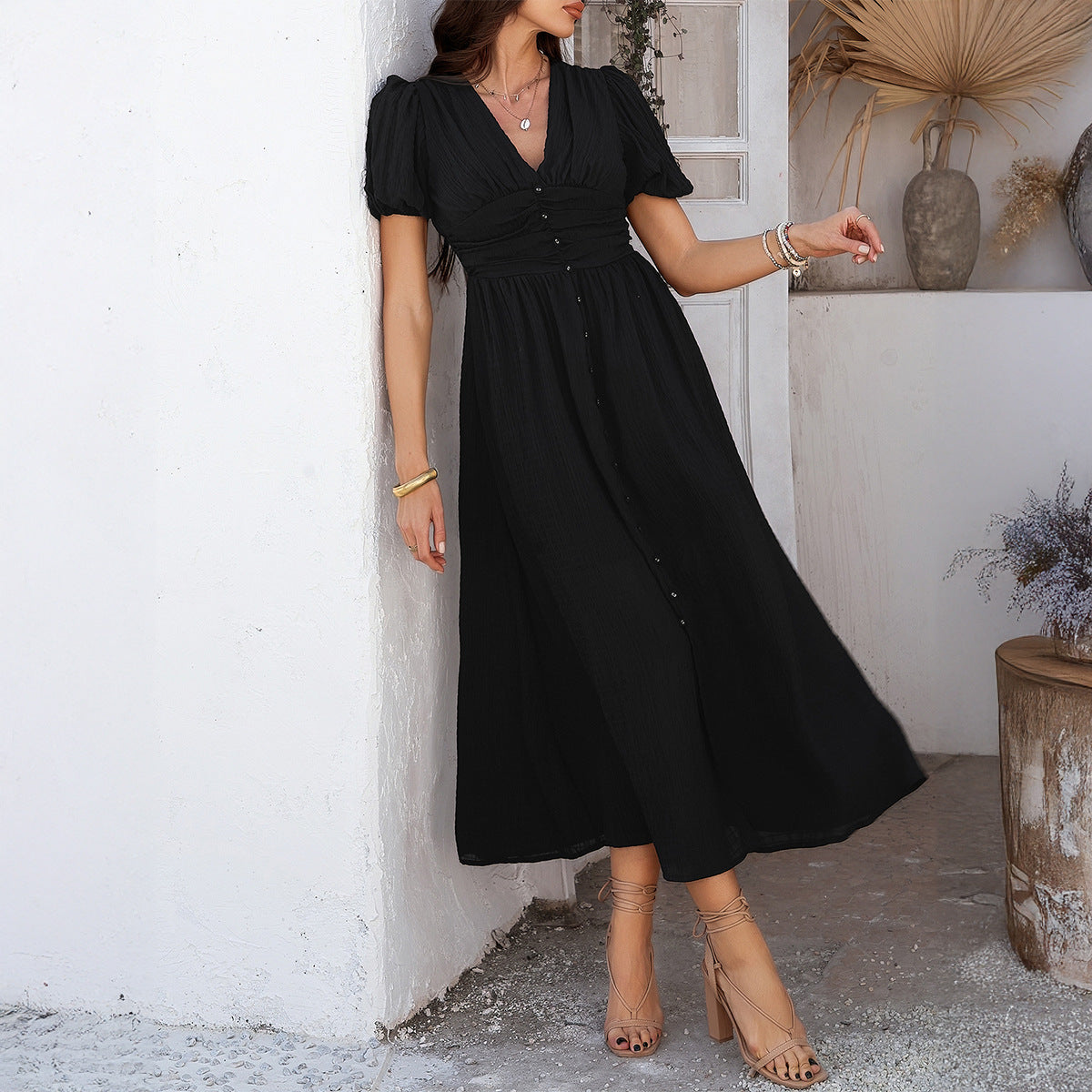 Women’s Maxi Dress – V-Neck – High Waist – Puff Sleeve – Front Slit – Button Detail