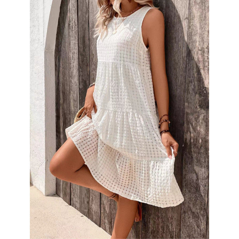 Women’s Sleeveless Dress – Lightweight Fabric – Tiered Loose Fit – Round Neckline