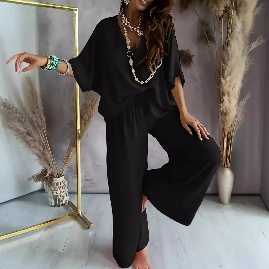 Women’s Two-Piece Set – Relaxed Fit – V-Neck Top – Wide-Leg Trousers – Breathable Blend