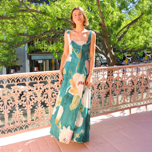 Women’s Maxi Dress – Cotton Blend – Sleeveless – Square Neck – Vintage Floral Print