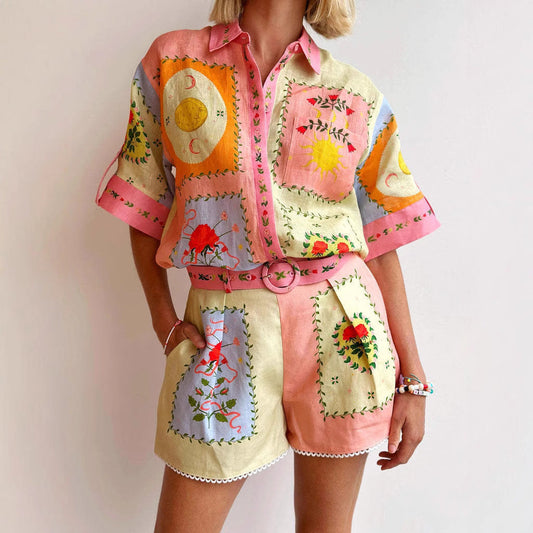 Women’s Linen Shirt and Shorts Set – Relaxed Fit – Embroidered – Belted High-Waist Shorts