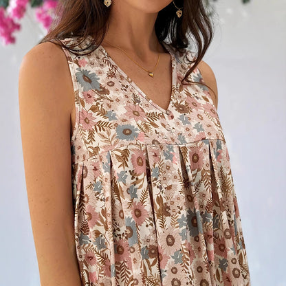 Women’s A-Line Dress – Sleeveless – V-Neck – Floral Print – Breathable Blend – Casual Fit
