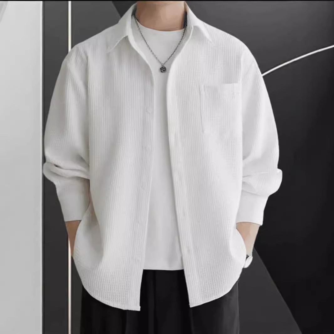 Men’s Shirt – Waffle Knit – Oversized Fit – Long Sleeve – Button-Up Casual Wear