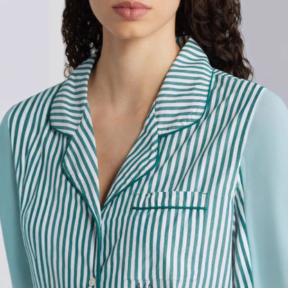 Women’s Loungewear Set – Cotton Blend – Relaxed Fit – Striped – Button Front – Drawstring Waist