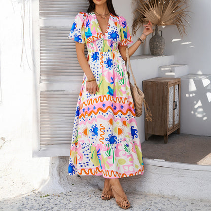 Women’s Maxi Dress – Lightweight Cotton – V-Neck – Relaxed Fit – Short Sleeve – High Waist