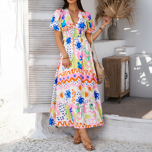 Women’s Maxi Dress – Lightweight Cotton – V-Neck – Relaxed Fit – Short Sleeve – High Waist