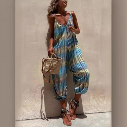 Women’s Jumpsuit – Loose Fit – Adjustable Straps – V-Neck – Tie Waist – Printed Design
