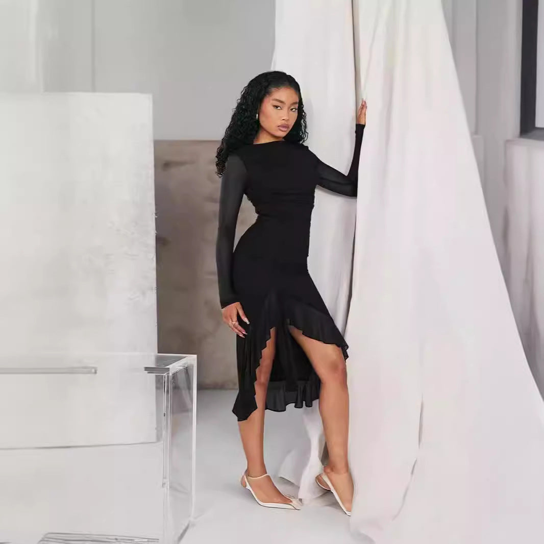 Women’s Evening Dress – Slim Fit – Sheer Long Sleeves – Ruffled Midi Hem