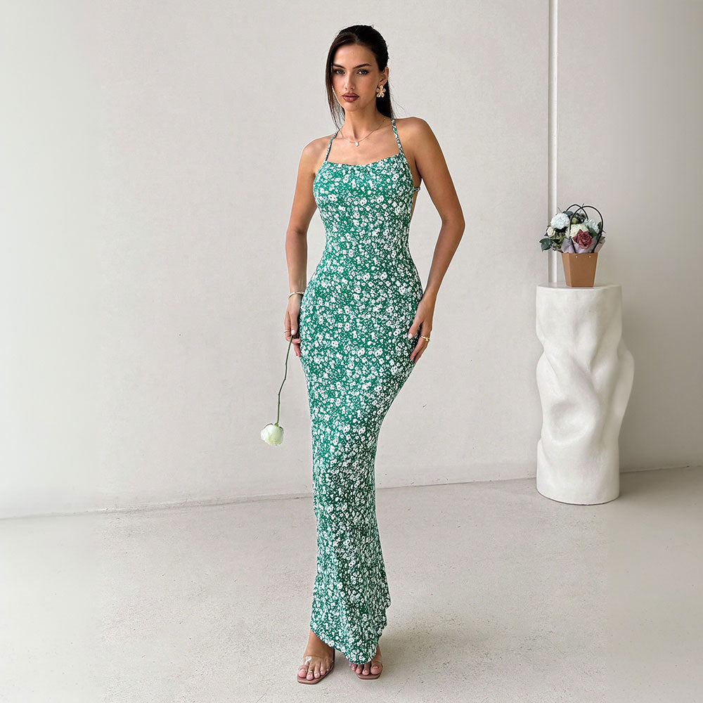 Women’s Sundress – Slim Fit – Spaghetti Straps – Floral Print – Full Length – Open Back