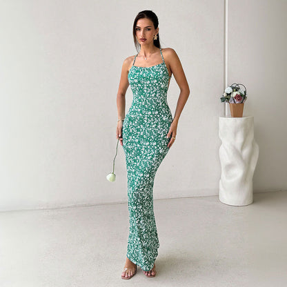 Women’s Sundress – Slim Fit – Spaghetti Straps – Floral Print – Full Length – Open Back