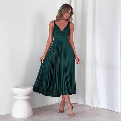 Women’s Midi Dress – Satin Feel – A-Line Fit – V-Neck – Pleated Skirt – Spaghetti Straps