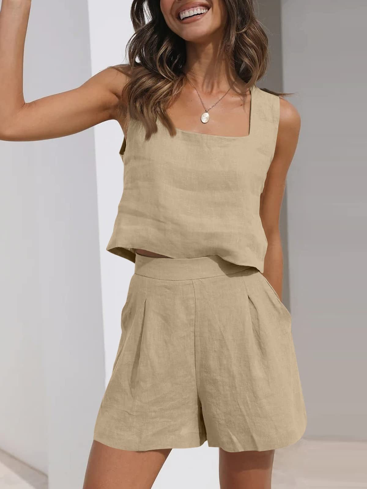 Women’s Two-Piece Set – Linen Blend – Cropped Square Neck Top – Pleated Shorts – Relaxed Fit