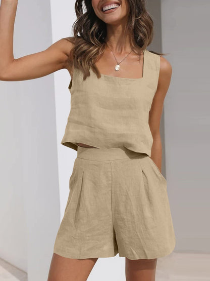 Women’s Two-Piece Set – Linen Blend – Cropped Square Neck Top – Pleated Shorts – Relaxed Fit